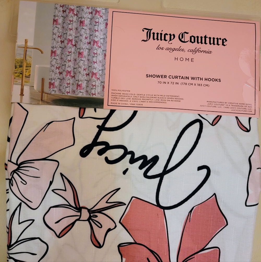 Juicy Couture Pink and Black Bow Shower Curtain New In Package